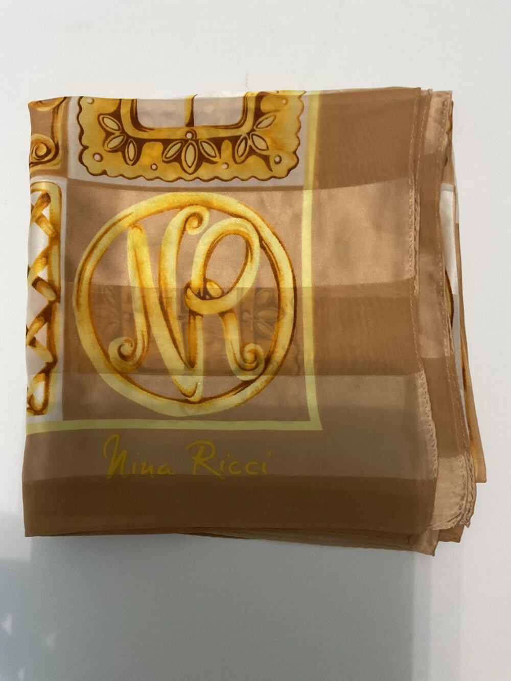 Nina Ricci Silk Scarf NR Monogram Gold Buckle Print Vintage 34 Square